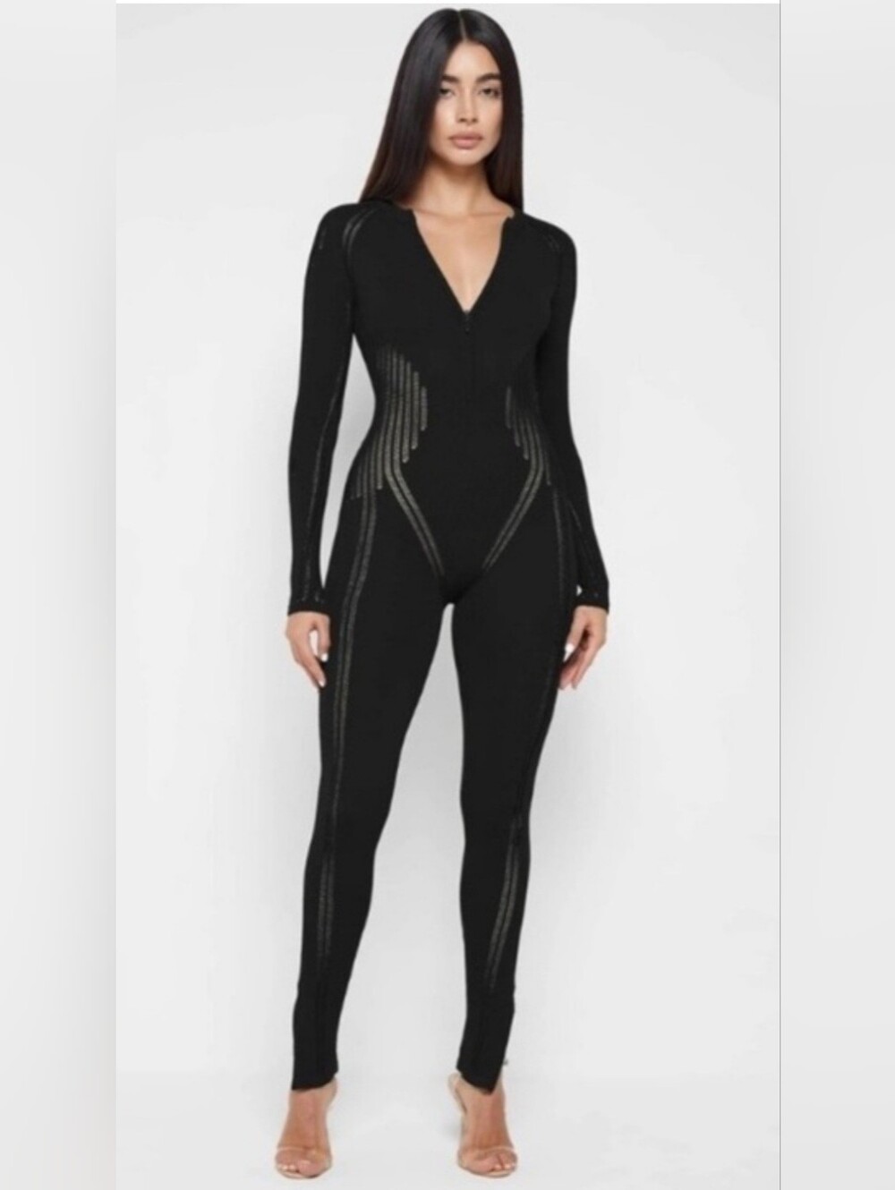 Maniere De Voir Black Sculpting Long-Sleeve Zip Up Jumpsuit